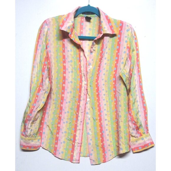 VTG Silk Blouse top Mel & Lisa Sz S Oversized multicolor stripes polka dot Flaw - Picture 3 of 9